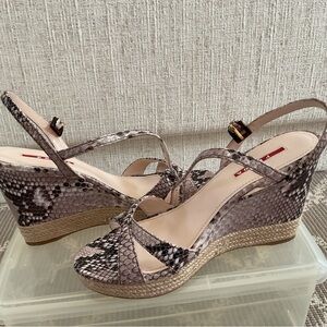 Prada Taupe Snake-Print Wedge Sandals with Braided Jute Platform